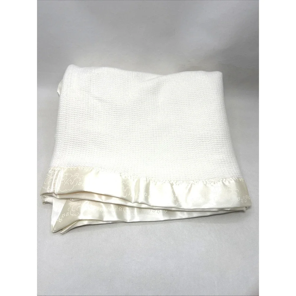 Vtg Cream Acrylic Thermal Waffle Weave Baby Blanket Satin Trim  38
